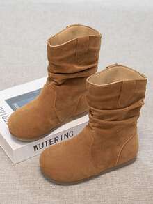 1 Pair Girls Tan PU Thermal Lined Slouch Boots Slip-On Comfortable Winter Daily Wear For Big Kids - Camel - View 4