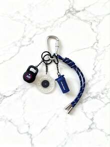 1 pieza Llavero de la serie de fitness, anillo de llaves de cuerda hecho a mano de colores, colgante de bolso, llavero de mancuerna y pesa rusa, llavero de mochila, regalo para maestros - Azul - Ver 4