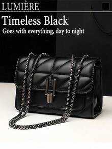 Elegant Black Quilted Crossbody Bag For Women Metal Chain Strap Shoulder Purse, Adjustable Strap, Polyester Lined, Urban Fashion Accessory - 黑色 - 查看 3