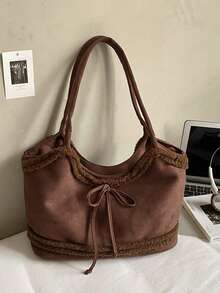 Bolso de mano de ante y piel sintética vintage para mujer, nueva bolsa de hombro con lazo de gran capacidad 2025, bolso de transporte debajo del brazo