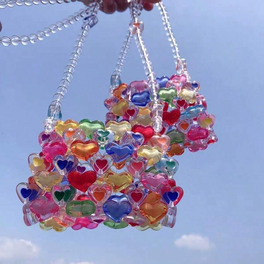 Mini Heart Shape Beaded Square Bag Colorblock Fashionable, Perfect For Music Festival, Perfect Valentine's Day Gift For Her, Best Valentines' Gift Choice Ever, Fashionable Heart Purse, Perfectly Match With Valentine Day Dress - Nhiều màu - Xem 1