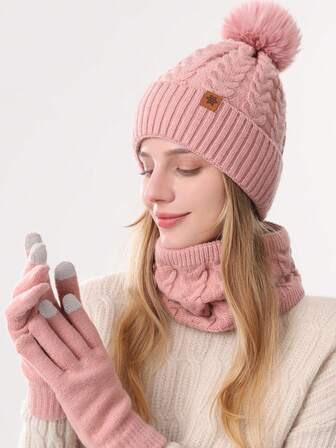 Conjunto de 3 piezas de sombrero, bufanda y guantes para adultos, accesorios de punto cálidos para mujer en otoño e invierno, calentador de cabeza de invierno