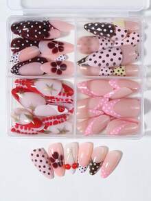 96pcs/Box (4mixed) Almond Flower Polka Dot Cherry French Design Tips Press On Nails Perfect Fit Acrylic False Nails Set,Include: 1pc Jelly Glue And 1pc Nail File,Nails In Autumn And Winter, Suitable For Women And Girls Daily Life And Party Use