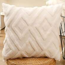 两件套人造毛皮奶油白色抱枕套 18x18，柔软格纹图案装饰波西米亚风抱枕套，适用于沙发床客厅农舍、现代风格、秋季装饰、秋季装饰、房间装饰 - 白色 - 查看 10