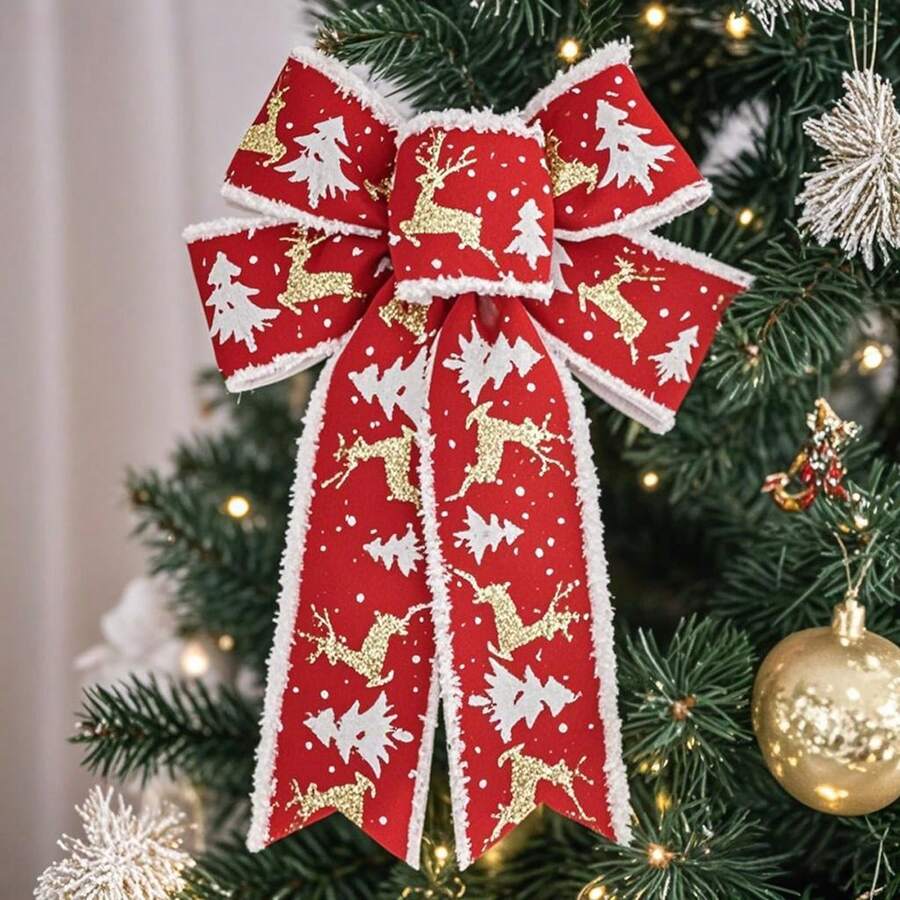 Christmas Bow Decoration With Reindeer And Tree Pattern Holiday Festive Decor For Home - 紅色 - 查看 1