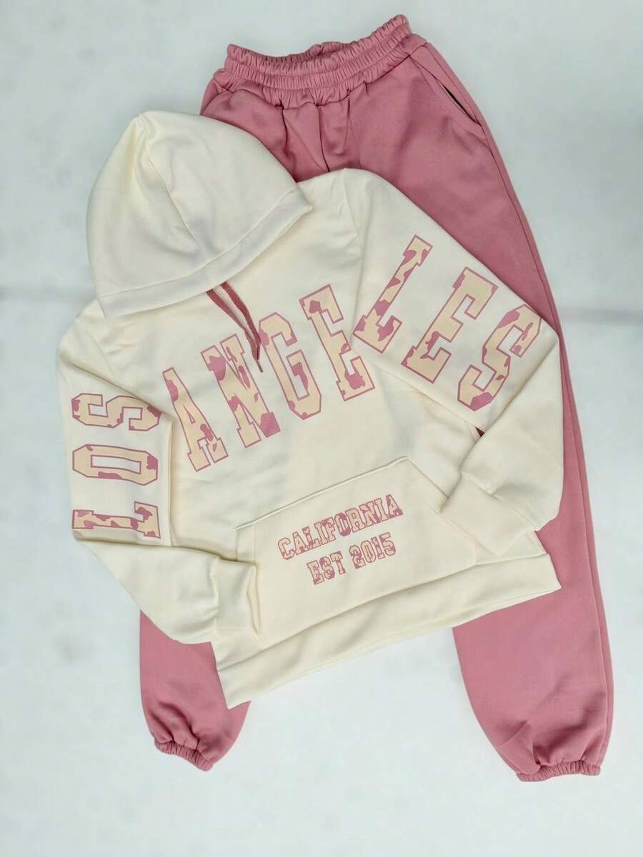 2 pack conjunto Sudadera hoodie con pantalon jogger pants mujer dama bolsillo canguro gorro capucha estampado grafico nombres de ciudades LOS ANGELES estilo americano juevnil moderno  casual caliente frío uso diario | buena calidad | Textura Suave - Rosa - Ver 1
