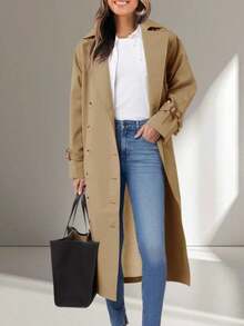 Women's Fall Oversized Long Trench Coat Double Breasted Lapel Collar Elegant Casual Chic Outerwear - 卡其色 - 查看 2