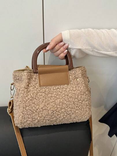 1 حقيبة يد خاكي ذات فرو اصطناعي ناعم مع سحاب، لون أحادي بسيط وأنيق للشتاء، نمط جديد مع بطانة داخلية، مناسبة للاستخدام اليومي للنساء