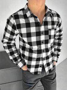 Men's Casual Patchwork Plaid Long Sleeve Shirt, Christmas Gift - Black and White - View 5