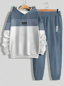 男士卫衣运动裤套装，休闲时尚慢跑运动服，带帽两件套，100% 涤纶，适合春秋季穿着，无绒面料，轻盈顺滑，略带弹性 - 彩色 - 查看 3