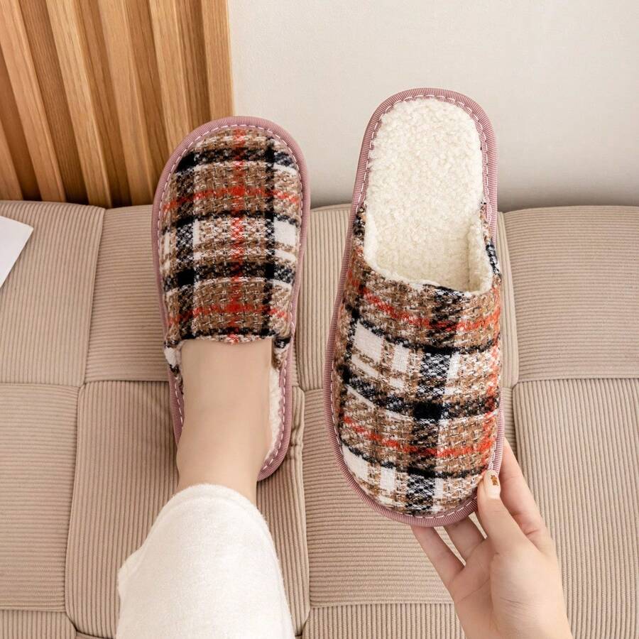 Women's Fashion Plaid Thermal Lined Slippers, Couples Bohemian Style Thick Warm Indoor House Slippers - Red Brown Grid - View 1