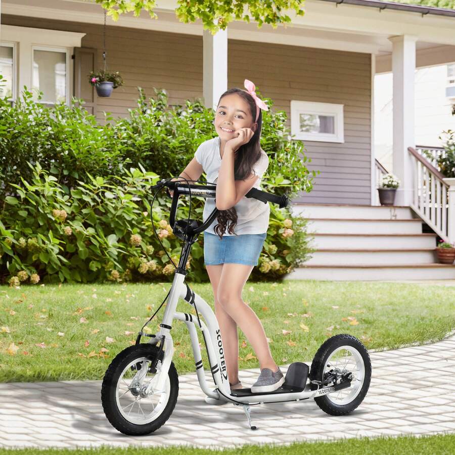 aosom Youth Kick Scooter With 12'' Inflatable Rubber Wheel, Teens Scooter For Kids 5+ Year Old With Adjustable Height Handlebar, White - White - View 1