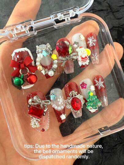 Autumn/Winter Christmas Eve New Year Red Festive INS Cartoon Style 10-Piece Medium-Long Coffin-Shaped Pure Handmade Red French Style, Fine Sparkle, Metal Butterfly, Red Bow Bell, Red Square Diamond, Luxury Crystal Stacking, Santa Claus, Snowflake, Elegant High-End Wearable Nails. Christmas Wearable Nails Set Includes One Piece Of Jelly Adhesive And A Mini Nail File, Removable And Reusable.