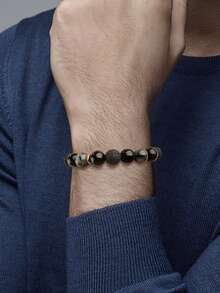 Natural Stone & Stainless Steel Beaded Bracelet, Woven Design, Fashionable & High-End, Luck Charm, Gift For Boyfriend