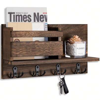 מתקן ארגון מפתחות ודואר לתלייה על הקיר - מארגן דואר בסגנון כפרי לתלייה על הקיר, מארגן דואר מעץ עם 4 ווי מפתחות, מתאים למסדרון, מטבח, עיצוב בית כפרי
