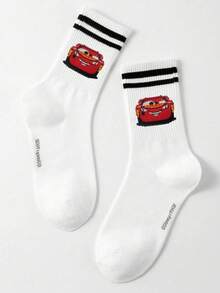 Disney 5双装汽车主题中筒袜，双条纹设计，可爱卡通图案，男士特色袜子，防臭吸湿，休闲运动型船袜，适合学生/成人作为礼物和日常穿着，袜子 - 白色 - 查看 13