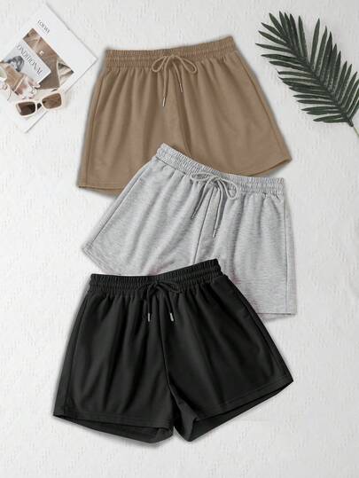 3 قطع شورتات رياضية ذات خصر مطاطي بلون واحد