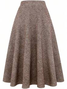 Long Plaid Wool Skirt Women Fall Winter Warm High Elastic Waist A-Line Flared Pleated Tartan Skirt, Fashionable Cold-Weather Skirt - 深卡其色 - 查看 6