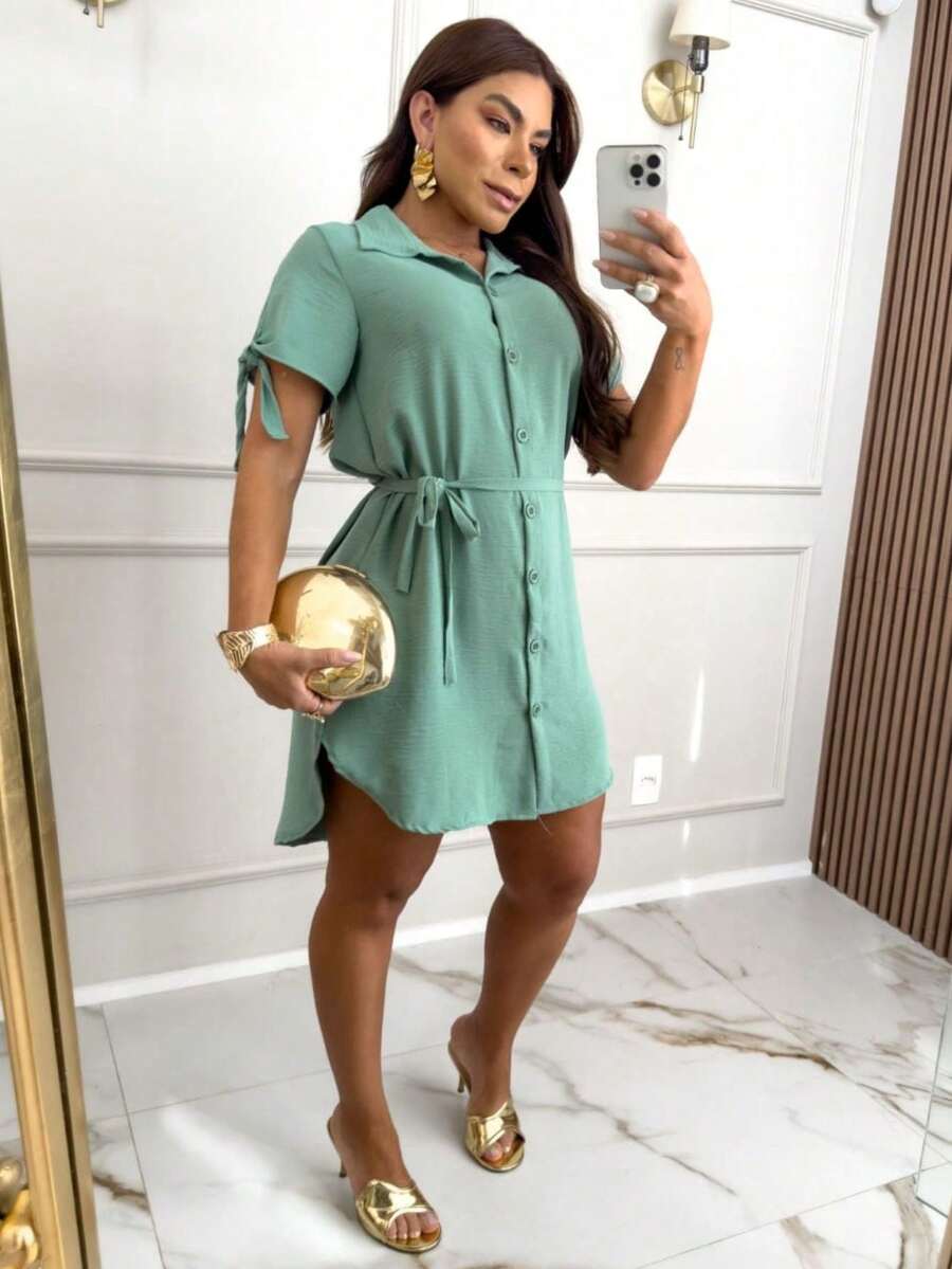 SHORT CHAMISE, TIE-UP SLEEVES, WITH BELT, SHIRT DRESS - Mint Green - View 1