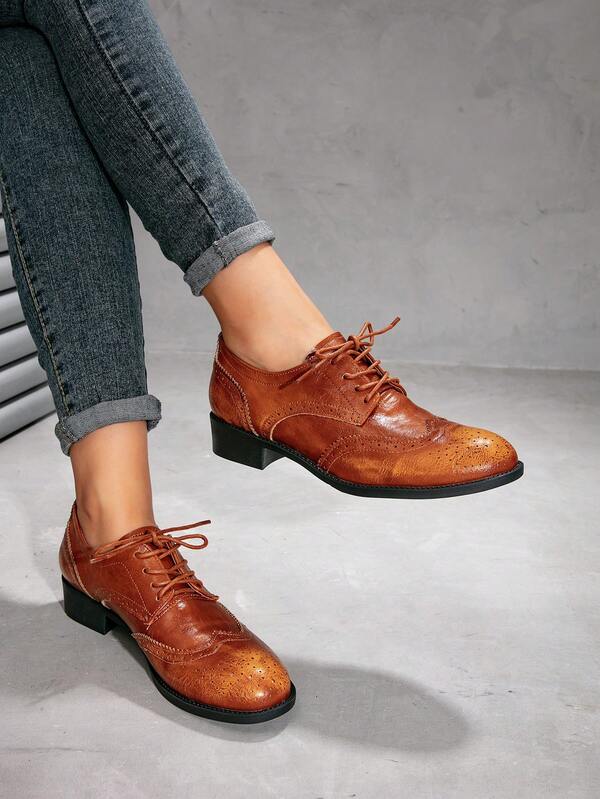 Distressed Round Toe Low Heel Fashionable Versatile Flat Shoes