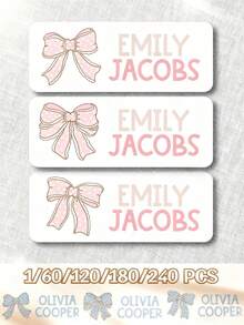 1pc/60pcs/120pcs/180pcs/240pcs Personalized Name Stickers For Kids, Custom Name Labels With Pink Or Blue Bow Polka Dot Design, Waterproof Stickers For School Supplies, Books, Notebooks, Lunch Boxes, Back To School Kids Name Tags - Multicolor - View 1