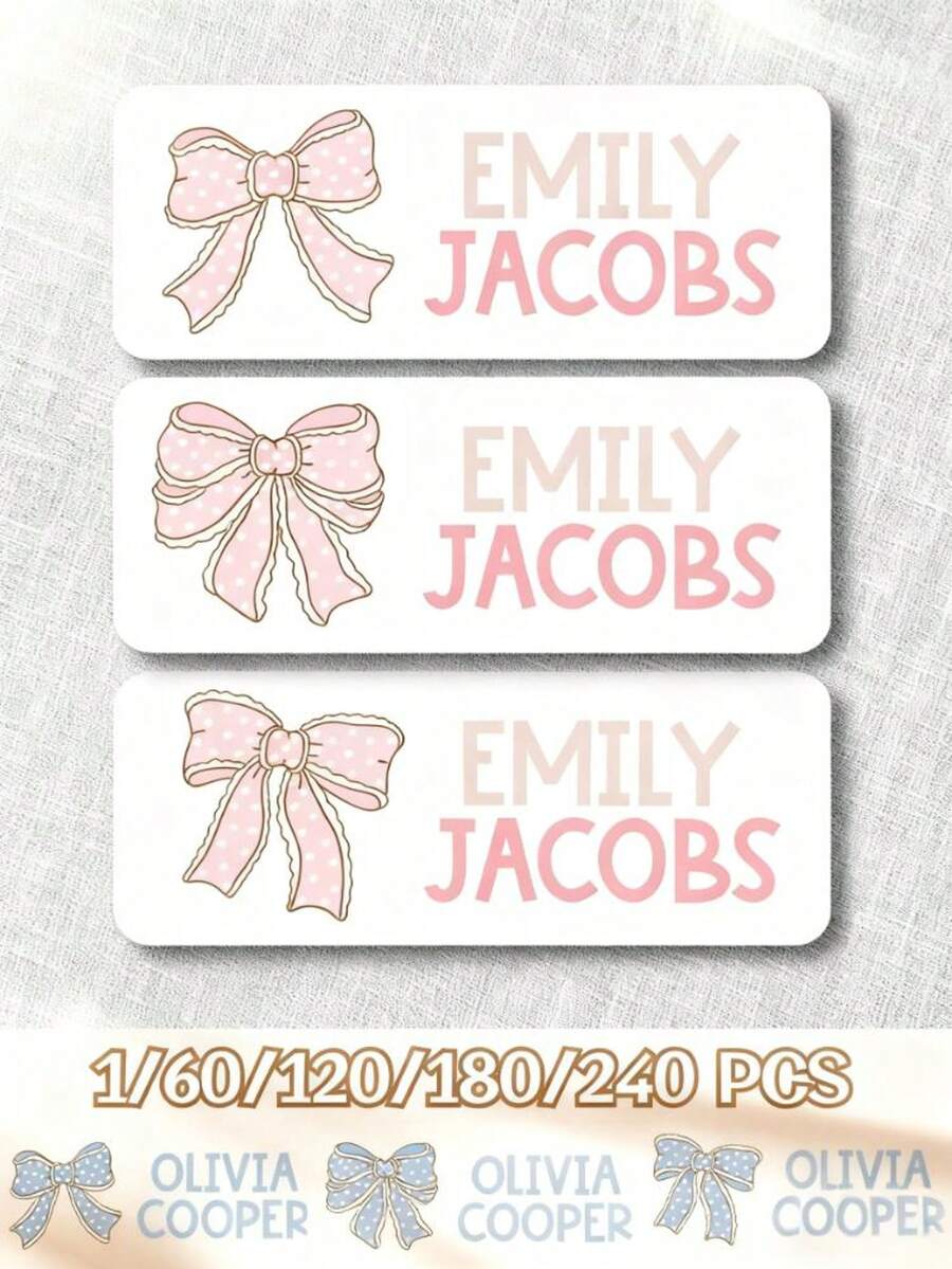 1pc/60pcs/120pcs/180pcs/240pcs Personalized Name Stickers For Kids, Custom Name Labels With Pink Or Blue Bow Polka Dot Design, Waterproof Stickers For School Supplies, Books, Notebooks, Lunch Boxes, Back To School Kids Name Tags - Multicolor - View 1