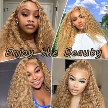 34 Inch Highlight Ombre Deep Wave Lace Front Wigs Human Hair Wig 13x6 250% Density Honey Blonde Wig Human Hair HD Glueless Deep Wave Wig 4/27 Colored Wet And Wavy Curly Wig Pre Plucked For Women - S4/27 - 查看 5