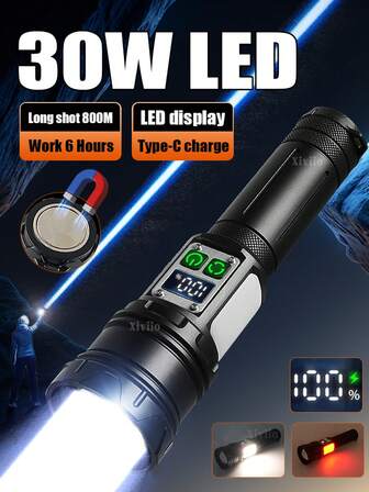 Linterna recargable USB de alta potencia de 30W+COB, súper grande, con alcance largo, Ltalla grandemás brillante, gran capacidad, pantalla de potencia, imán en la base, luz de emergencia fluorescente para acampada y pesca al aire libre, con zoom