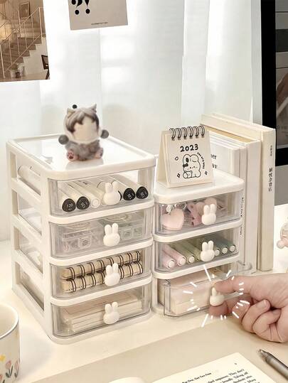 带兔子形手柄的多抽屉收纳盒透明防尘化妆品收纳盒首饰盒桌面抽屉式收纳盒多功能首饰盒带多个抽屉，可容纳口红、眼影、面膜等适用于房间、家庭、卧室、浴室、房屋家庭收纳整理器返校必备家居必备