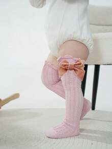 3 双女童可爱蝴蝶结和麻花针织中筒袜，适合 0-14 岁儿童，适合日常穿着 - 彩色 - 查看 6