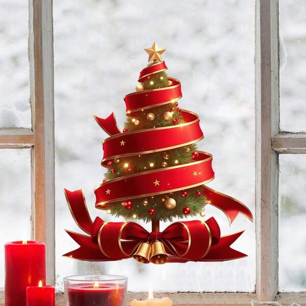 Pegatina de ventana de árbol de Navidad Lazo Removible Película de PVC para ventanas de hogares, escuelas, cafés, centros comerciales, eventos festivos, planificación de fiestas navideñas, decoración de películas para ventanas del hogar en Navidad