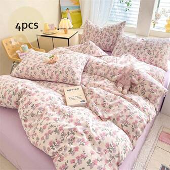 4 件套床上用品套装，紫色和紫红色花卉印花羽绒被套，柔软透气的超细纤维床上用品套装，清新农舍风格床上用品，绿色树枝、藤蔓、紫色牵牛花图案羽绒被套套装，适合所有季节，房间装饰，包括 1 个羽绒被套（无填充物）、1 张床单、2 个枕套（无填充物）