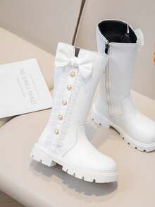 زوج من بوت الأميرات للبنات مزينة بالخرز والدانتيل والفيونكة، ذات نعل سميك وسحاب جانبي، طراز أميرة، مناسبة للاستخدام اليومي والمدرسة وحفلات الأميرات والموضة (لون البطانة عشوائي أسود أو أبيض)