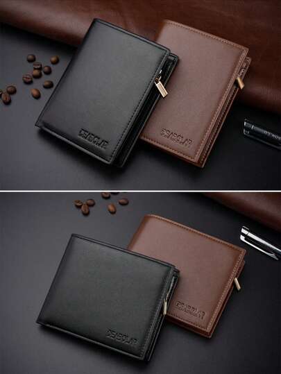 1pc Simple Yet Fashionable Men's 3-Fold Zipper Short Wallet, Multifunctional Business Card Holder Wallet, Best Gift For Men, Solid Color PU Leather