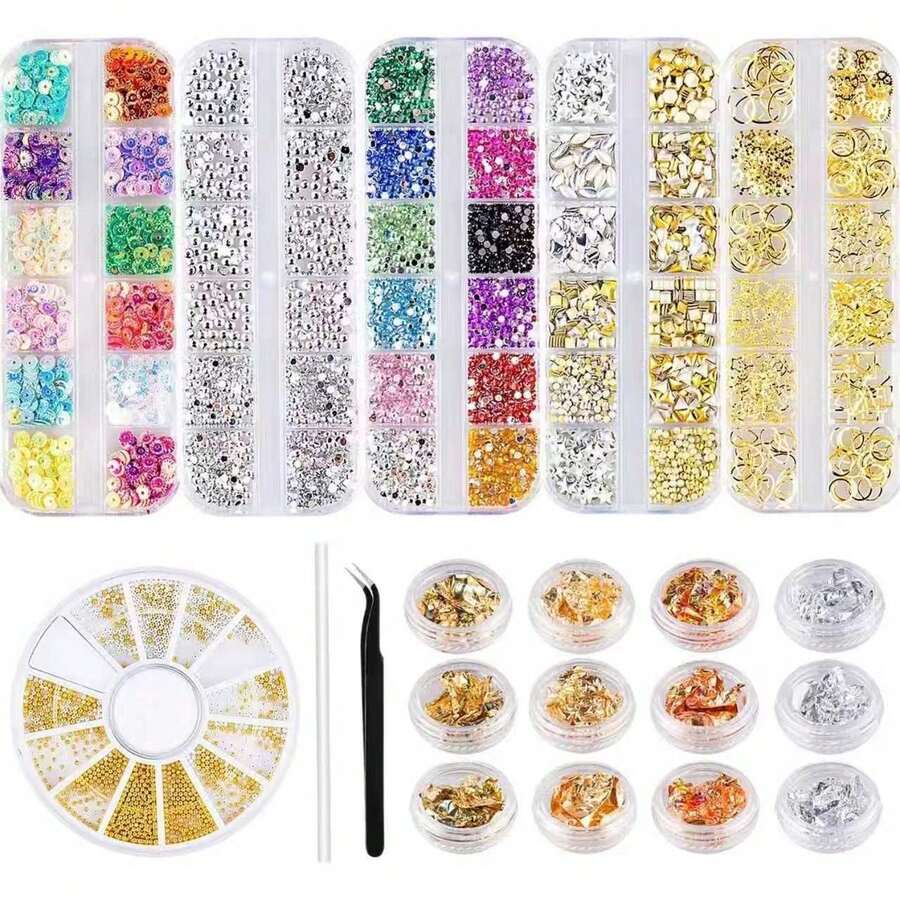 9-Piece 3D Rhinestone Nail Decoration Set With Needle Picking And Embellishment Tools Suitable For Home/Salon Nail Decoration Set