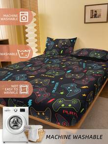 1 lençol, roupa de cama, lençol de baixo com elástico, protetor de colchão, capa de colchão macia e confortável, lençol de baixo com elástico para presente de Dia dos Namorados, lençol com estampa geométrica de coração de desenho animado, conjunto de cama com estampa de coração fofo, decoração para casa, certificado Oeko-Tex - Consola de jogos colorida - Ver 6