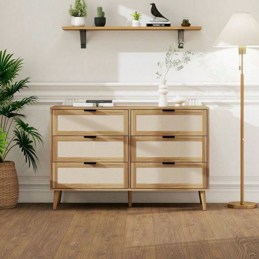 Kommode in Walnussfarbe mit Rattangeflecht und sechs Schubladen, Länge 118,5 cm, Kiefernholz-Füße, geeignet für Schlafzimmer, Wohnzimmer, Arbeitszimmer und andere Räume
