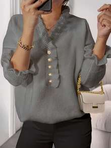 Plus Size Women V-Neck Casual & Stylish Knitted Sweater, For Winter - Grey - View 2