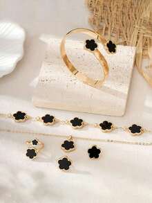 1 Set Classic Clover Necklace, Earrings And Bracelet Jewelry Set, Elegant Gift For Teens And Friends - màu đen - Xem 3