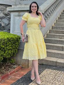 LESE MIDI PLAIN DRESS ELEGANT CASUAL FASHION WOMEN'S DRESS - Yellow - View 8
