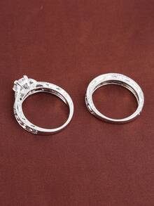 2 件套方晶锆石戒指套装，时尚叠戴戒指，适合女性日常佩戴 - 銀色 - 查看 3