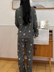 2pcs Women Pajama Set, Collared Cardigan Sleepwear, Long Sleeve Top With Dog Animal Print, Full Length Pants With English Style Print, Comfortable & Fashionable For Home & Leisure, Suitable For Spring, Autumn & Winter - Dark Grey - View 2