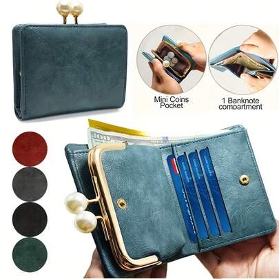 Women's Wallet, Honey Girl Style, Lightweight With Faux Pearl Detail, Kiss Lock Closure, Polyester Lined, Multi-Card Slots, Daily Commute Essential, Compact Wallet | Kiss Lock Wallet | Wallet Mini Wallet Small Wallet Coin Wallet