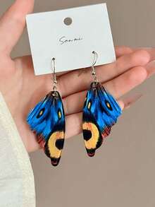 一对蓝色蝴蝶翅膀创意优雅耳环，精致时尚独特耳环 - 藍色 - 查看 4
