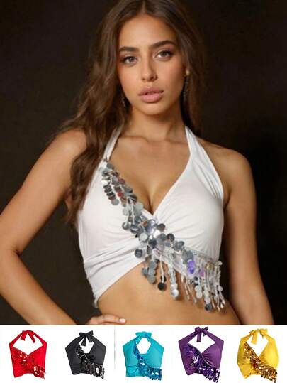Women's Belly Dance Tank Top Hollow Bra Halter V-Neck Sequin Tassel Bra Dance Crop Top For Dance Class Performance Club