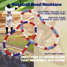 Baseball, Bling Beaded Women Men, Baseball Drip Necklace Bead Inspired Sports Jewelry, 17. Inches, AgeOver 8 Years Old - White-lightblue-red-17.7" - View 3