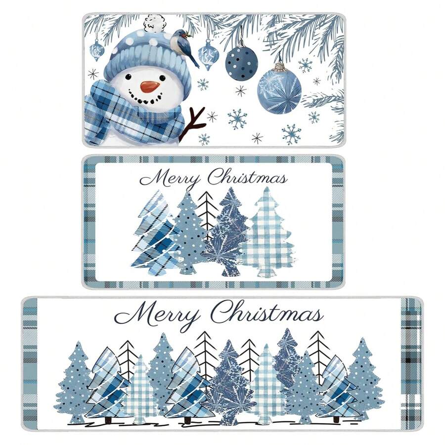 3 Pcs Winter Snowman Snowflake Christmas Kitchen Rugs And Mats Set Kitchen Floor Mats Seasonal Decor Anti Xmas Tree Buffalo Plaid Cushion Case Bathroom Rug For Indoor Holiday Decoration Kitchen Rug - Baby Blue - View 1