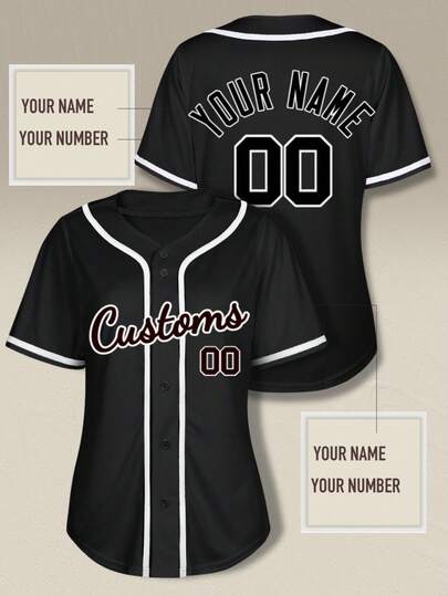 Maillot de baseball personnalisable pour femmes - Top de sport à col en V noir imprimé avec nom et numéro personnalisés, lavable en machine, tailles S-2XL pour les loisirs de plein air et le port athlétique, vêtements de sport durables