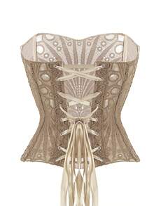 1件卡其色纹理薄纱花卉蕾丝镂空束身胸衣露脐上衣，适合日常穿着/派对/婚礼，夏季抹胸上衣 - 卡其色 - 查看 8