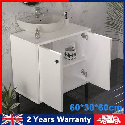 Under Sink Bathroom Cabinet Floor Standing Storage Cupboard Basin Unit With 2 Compartments Behind The Door For Wash Basins With Pedestal, With Feet, 30 X 60 X 64 Cm, White